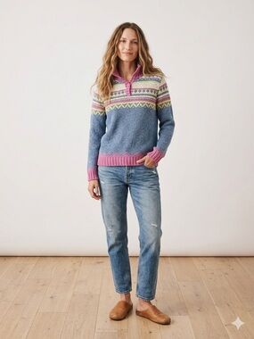 Fair Isle Pullover Sweater in Blue and Pink